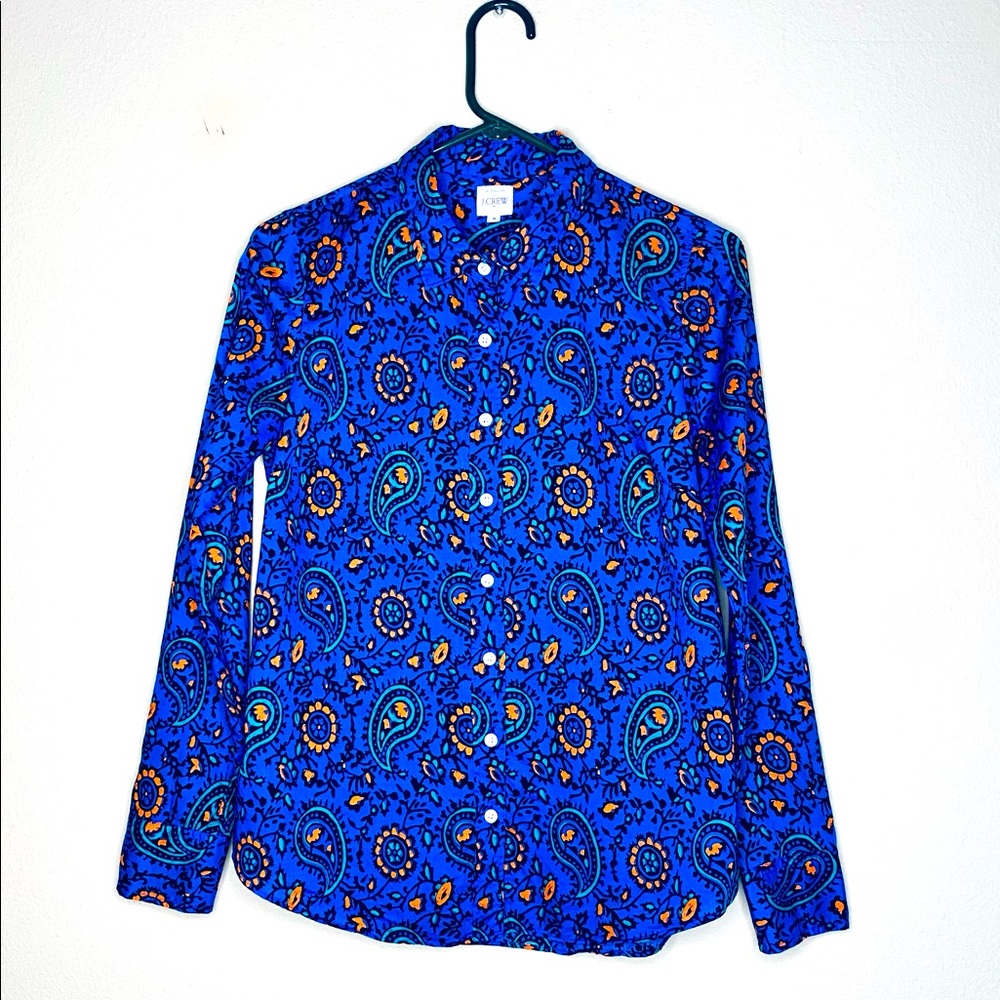 J CREW Perfect Shirt Blue Paisley Print LS Top S